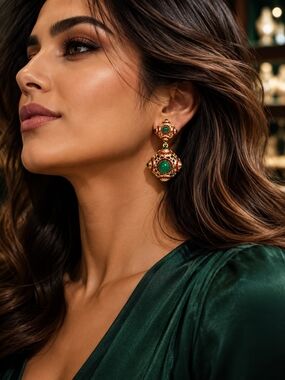 Gold-tone Green Gem Drop Earrings by